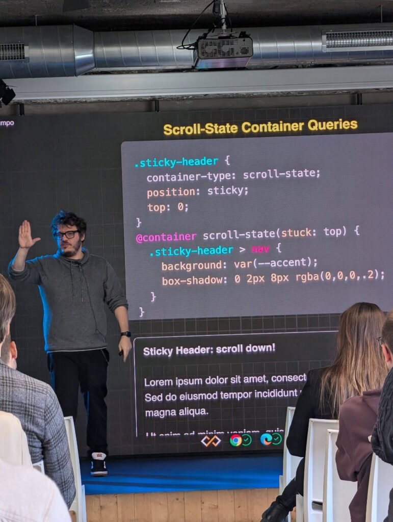 a developer during a speech about scroll state container queries